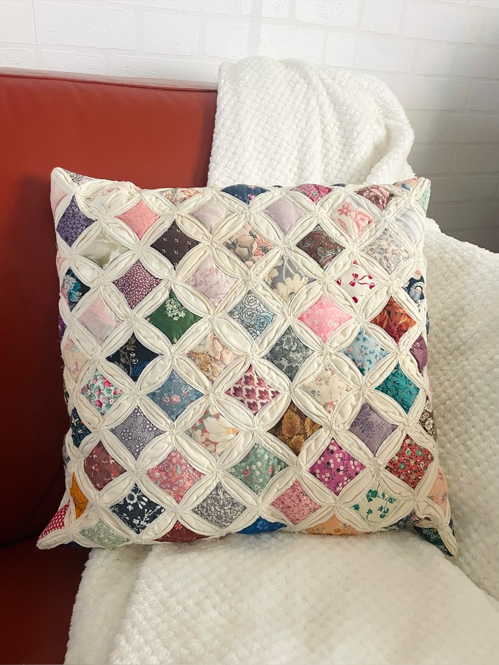 Vintage Quilt Pillow Cathedral Window Homemade Machine Sewn Cottagecore 14x14